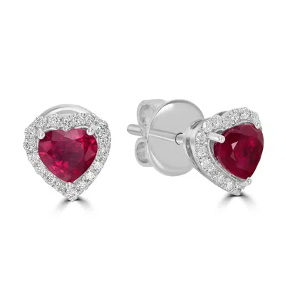 Artisan Women's White / Pink / Purple Pink Ruby Gemstone Pave Diamond Heart Earrings In White Gold