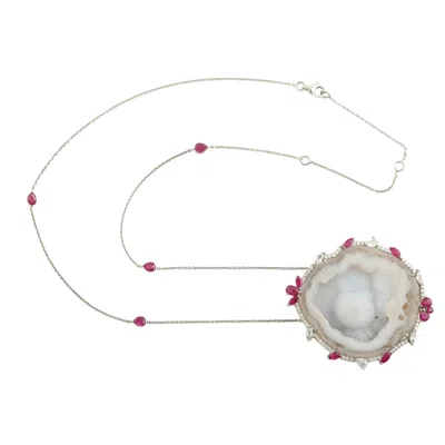 Artisan Women's White / Pink / Purple Uneven Geode & Ruby With Sapphire Diamond Choker Necklace In White Gol