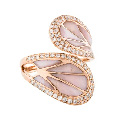 Artisan Women's White / Pink / Rose Gold 14k Rose Gold Enamel Bypass Ring With Pave Diamonds