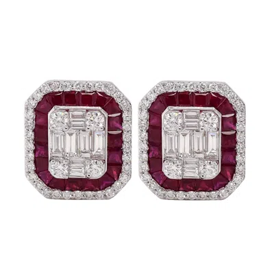 Artisan Women's White / Pink Ruby & Baguette Diamond Art Deco Stud Earrings In 18k White Gold In Multi
