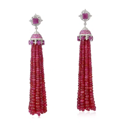 Artisan Women's White / Pink Ruby & Diamond Tassel Earrings In Silver & 18k White Gold In White/pink