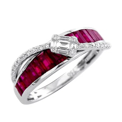 Artisan Women's White / Red 18k White Gold Baguette Ruby & Diamond Band Ring In Metallic
