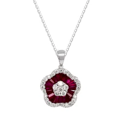 Artisan Women's White / Red 18k White Gold Baguette Ruby & Diamond Charm Pendant In Metallic