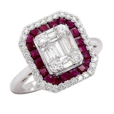 Artisan Women's White / Red Baguette Ruby And Diamond Halo Ring In 18k White Gold In White/red