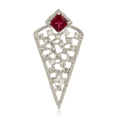Artisan Women's White / Red Designer Tourmaline & Uncut Diamond Pendant In White Gold In Silver