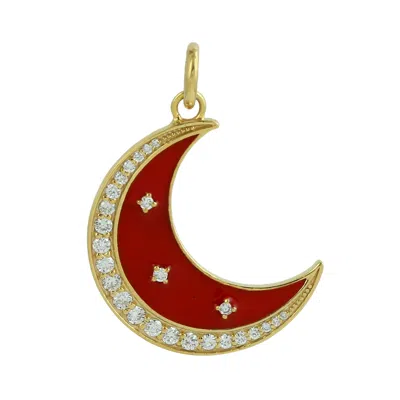 Artisan Women's White / Red / Gold Natural Diamond Crescent Half Moon Pendant Necklace In 14k Gold In Multi
