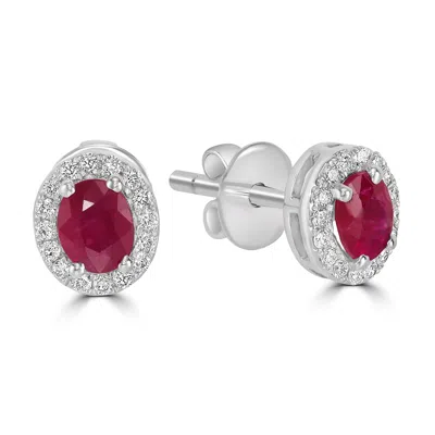 Artisan Women's White / Red Natural Ruby & Diamond Oval Stud Earrings In White Gold