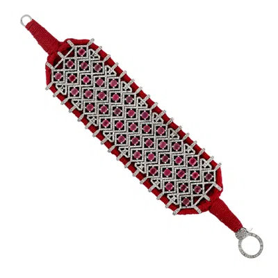 Artisan Women's White / Red Ruby & Diamond Statement Bracelet In 925 Sterling Silver With Red Cord In White/red