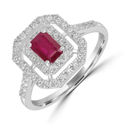 Artisan Women's White / Red Ruby Gemstone Pave Diamond Solitaire Ring In White Gold