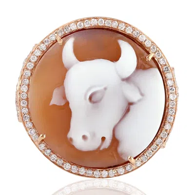 Artisan Women's White / Rose Gold 18k Rose Gold With Shell Cameo & Diamond Cow Ring