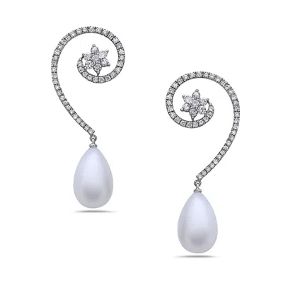 Artisan Women's White / Rose Gold / Gold 18k White Gold With Natural Diamond & Pearl Dangle Earrings In Metallic