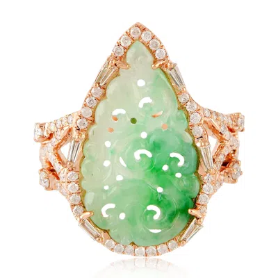 Artisan Women's White / Rose Gold / Green 18k Rose Gold Cocktail Ring With Carved Jade & Diamonds