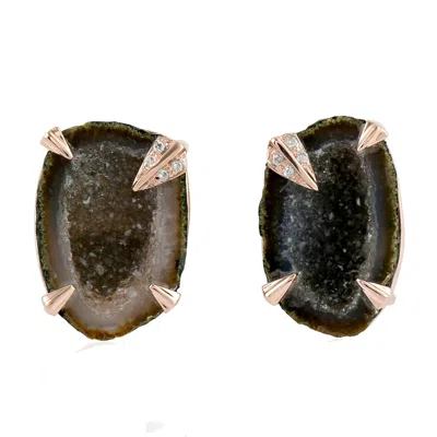 Artisan Women's White / Rose Gold Uneven Geode Gemstone & Diamond Stud Earrings In Solid Rose Gold In Multi