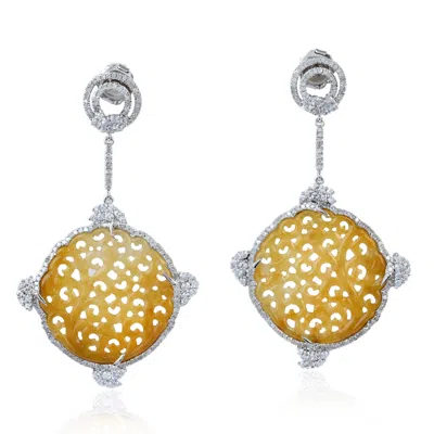 Artisan Women's White / Yellow 18k White Gold Carved Yellow Jade, Sapphire & Diamond Drop Earrings