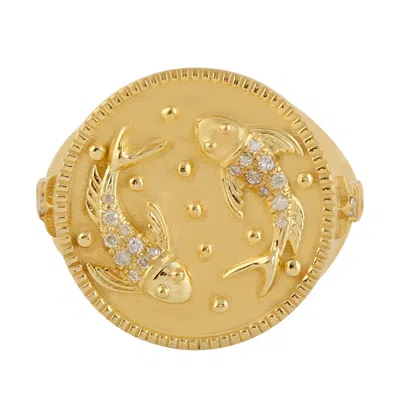 Artisan Women's White / Yellow Natural Diamond Pisces Horoscope Signet Ring In Gold