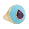 Artisan Women's Yellow / Blue 14k Yellow Gold Cocktail Ring With Pear Amethyst & Enamel In Gold
