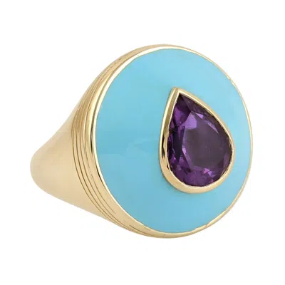 Artisan Women's Yellow / Blue 14k Yellow Gold Cocktail Ring With Pear Amethyst & Enamel