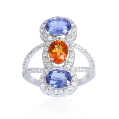Artisan Women's Yellow / Blue / White Natural Diamond & Multi Sapphire Three Stone Ring In 18k White Gold
