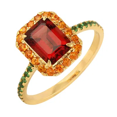 Artisan Women's Yellow Gold Cocktail Ring With Red Garnet & Tsavorite Mandarin Gemstones