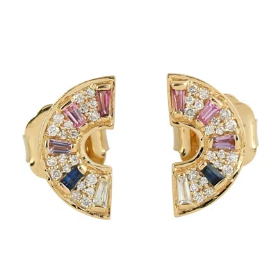 Artisan Women's Yellow Gold Half-moon Earrings With Multicolor Gemstones & Diamond