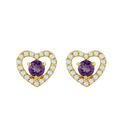 Artisan Women's Yellow / Gold / White 14k Yellow Gold Heart Stud Earrings With Amethyst & White Topaz In Multi