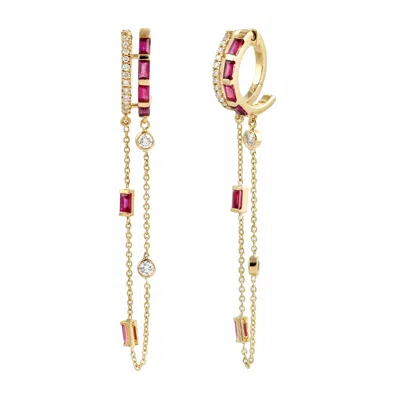 Artisan Women's Yellow / Gold / White 18k Gold Baguette Ruby & Diamond Huggie Earrings