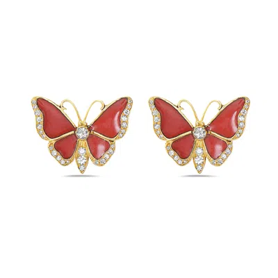 Artisan Women's Yellow / Gold / White 18k Yellow Gold Diamond Butterfly Stud Earrings With Red Enamel