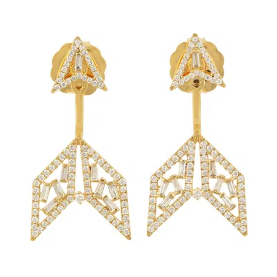 Artisan Women's Yellow / Gold / White Designer Arrow Ear Jacket Earrings With Baguette Diamonds In 18k Gold