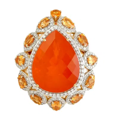 Artisan Women's Yellow / Orange / White Natural Diamond 18k Gold Pearl Shape Fire Opal Cocktail Ring Garnet