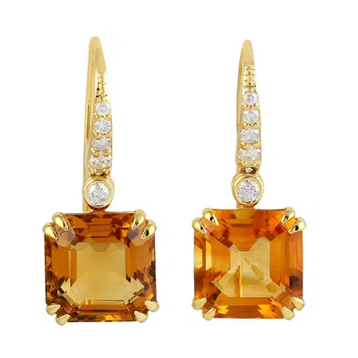 Artisan Women's Yellow / Orange / White Octagon Citrine Pave Diamond Ear Hook Earrings In Yellow Gold