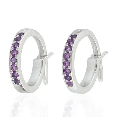 Artisan Women's Yellow / White 10k White Gold Huggie Earrings With Amethyst Gemstones In Silver
