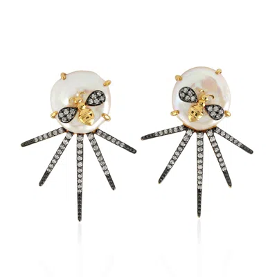 Artisan Women's Yellow / White 18k Yellow Gold Butterfly Earrings With Pearls & Diamonds In Metallic
