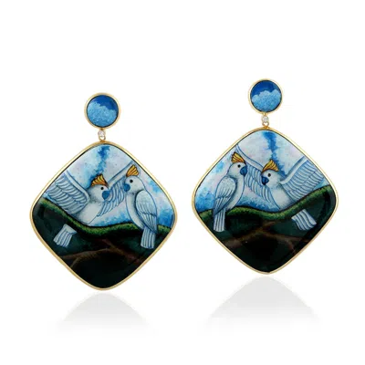 Artisan Women's Yellow / White / Blue Designer 18k Gold Bird Dangle Earrings With Diamonds & Bakelite In Multi