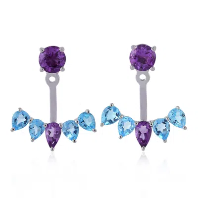 Artisan Women's Yellow / White / Blue Designer Blue Topaz & Amethyst Ear Jackets In White Gold In Silver
