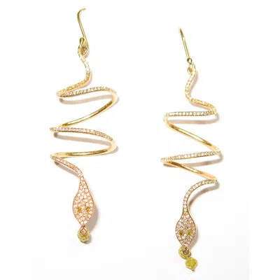 Artisan Women's Yellow / White / Gold Carved Snake Earrings With Yellow Topaz & Pave Diamond In Gold In Multi