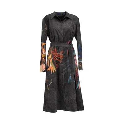 Artista Women's Beauty Washed Black Corduroy Floral Printed Shirt Dress