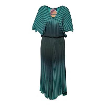 Artista Women's Black / Green Vibe Pleated Midi Dress In Multi