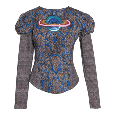 Artista Women's Brown / Blue Zephira Embellished Puffy Sleeve Top In Brown/blue