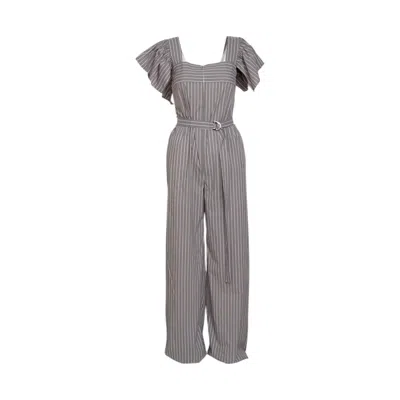 Artista Women's White / Grey Line Frilled Jumpsuit In White/grey