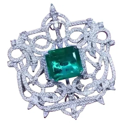 Pre-owned Artjewerly Designer Art Deco Design 18k Gold Brooch/pendant With 13ct Emerald & 4.2ct Diamonds In Green