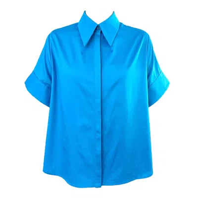 Arto. Women's Be Bright & Excited Cuff Short Sleeve Flared Shirt - Valentine's Blue