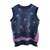 Arto. Women's Blue Hello! Pixel Floral Viscose Crew Neck Ruffles Vest In Blue