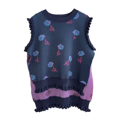 Arto. Women's Blue Hello! Pixel Floral Viscose Crew Neck Ruffles Vest