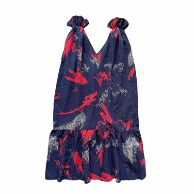 Arto. Women's Blue Shoulder Ruffles Gathered Floral Midi Dress - Navy