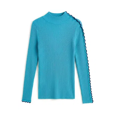 Arto. Women's Blue Two Tones Ribs Mock Neck Top- Aqua.jpg
