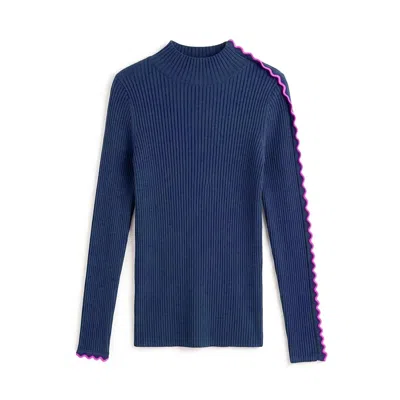 Arto. Women's Blue Two Tones Ribs Mock Neck Top - Navy