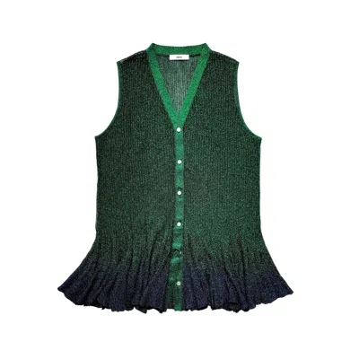 Arto. Women's Metallic Flying Knit Ribbed Sleeveless Button-up Vest -green