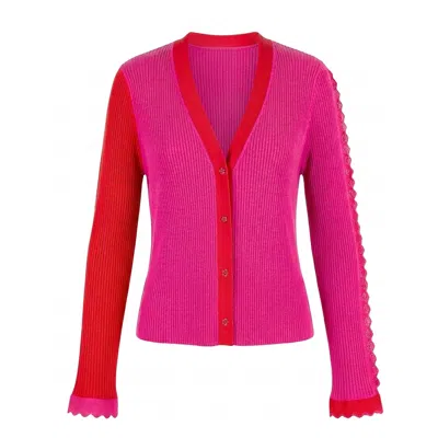 Arto. Women's Pink / Red Lace Trim Rib Knit Short Cardigan - Pink