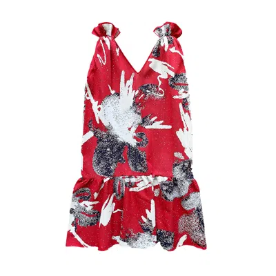 Arto. Women's Shoulder Ruffles Gathered Floral Midi Dress - Red