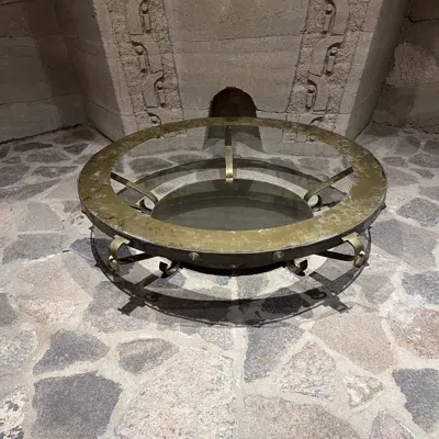 Pre-owned Arturo Pani 1950s Round Cocktail Coffee Table Brass And Églomisé  In Sand